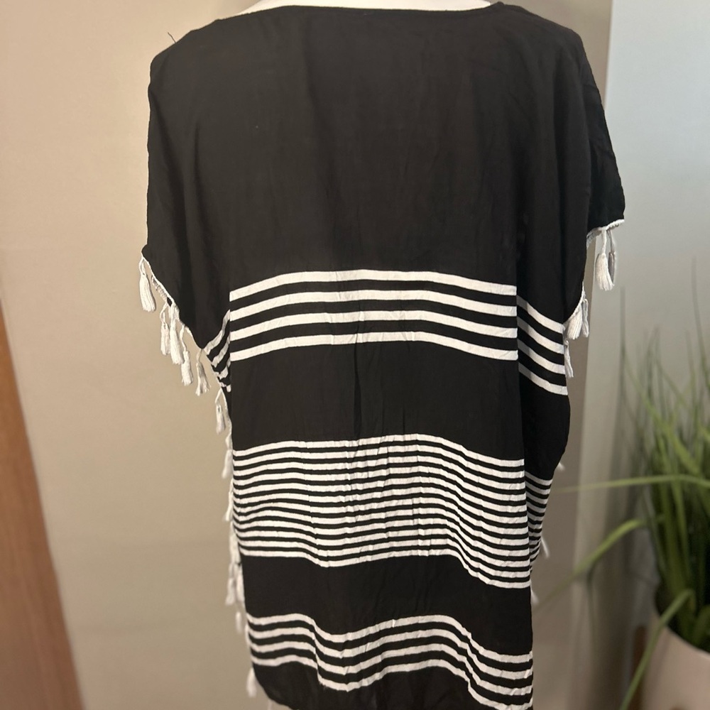 Black White Striped Kaftan Swim Cover Up Tassel Tunic Beach Resort Small - Picture 7 of 10